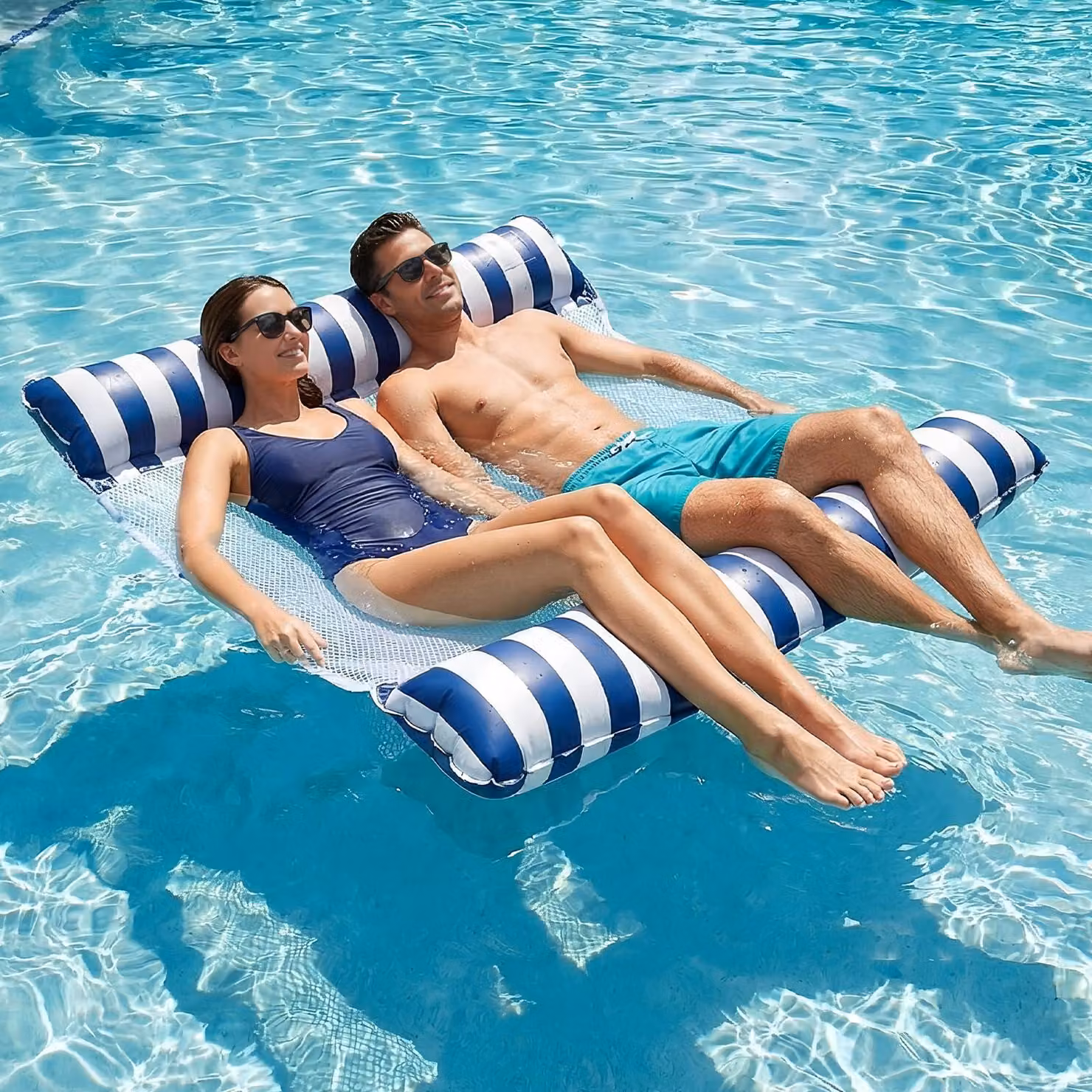 Amaca galleggiante per 2 persone, gonfiabile, blu, con rete, per piscina
