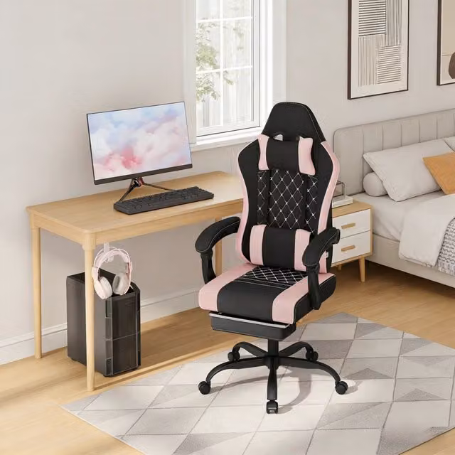 Sedia da ufficio ergonomica REDOM con funzione massaggio, poggiatesta e braccioli, in ecopelle e tessuto, Nero/Rosa, L/P/H: 70 x 70 x 127 cm