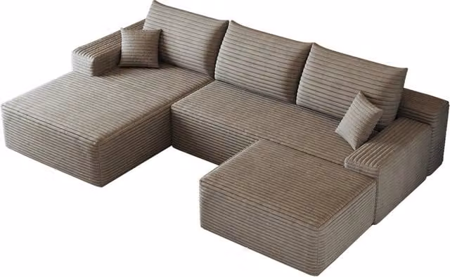 Divano modulare imbottito con chaise longue a L e seduta profonda per soggiorno in velluto a coste cammello