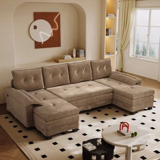 Divano panoramico a U Mivray trasformabile in letto con porte USB e cuscini, verde e beige, L: 278 cm, P: 127 cm, H: 87 cm