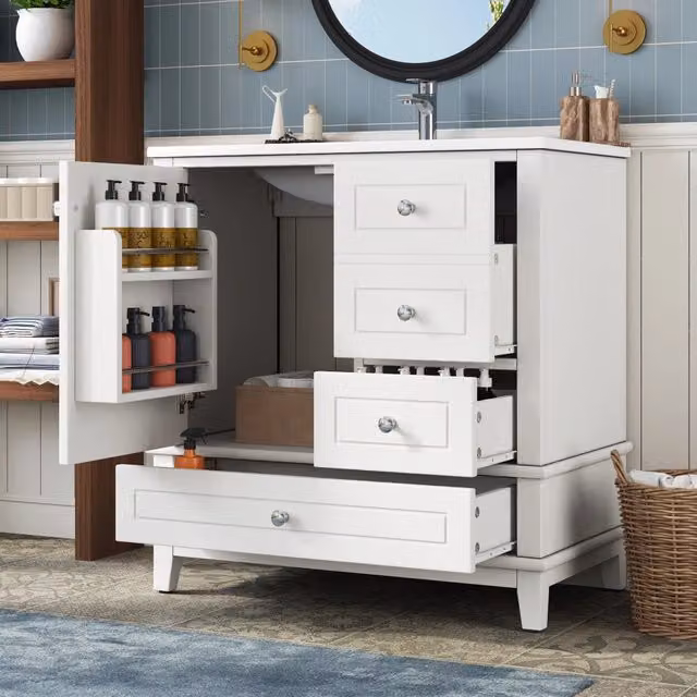 Mobile bagno autoportante bianco laccato, h 81 cm, con 3 cassetti e anta singola con ripiani. Ampio spazio sotto lavabo. Rubinetto non incluso