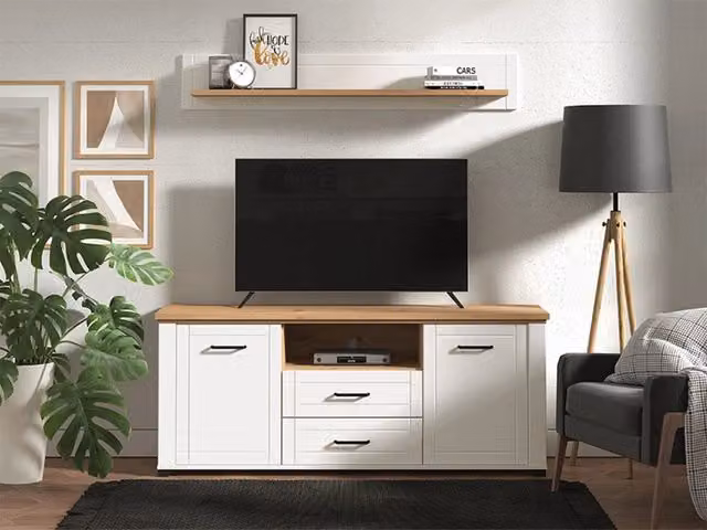 Mobile porta TV moderno DMORA con 2 cassetti, Bianco e Legno, L: 161 cm, P: 41 cm, H: 66,5 cm – 1