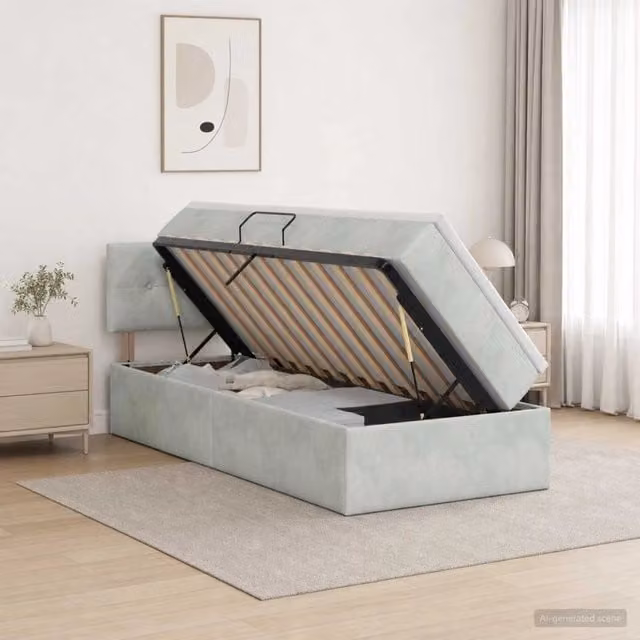 Letto con Contenitore Moderno vidaXL in Velluto Grigio e Bianco L: 100 cm, P: 200 cm, H: 204 cm