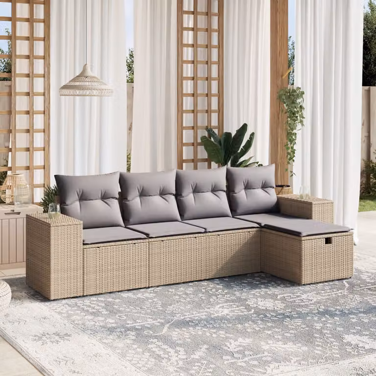 vidaXL Set Divano da Giardino a L 5 pz con Cuscini Beige e Grigio in Polyrattan e Acciaio
