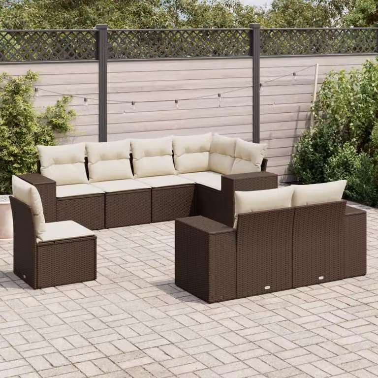 Set di divani da giardino vidaXL in polyrattan marrone con cuscini bianchi, 8 pezzi