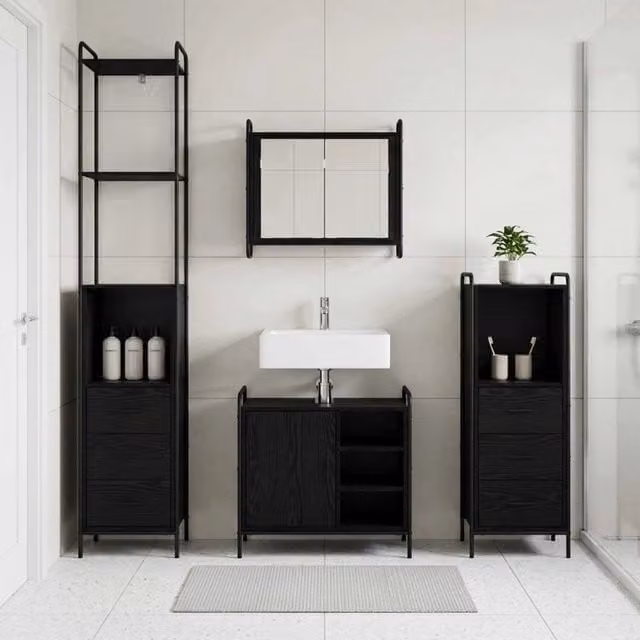 Set di Armadi da Bagno 4 pz Rovere Nero 40 x 36 x 200,5 cm 3444675
