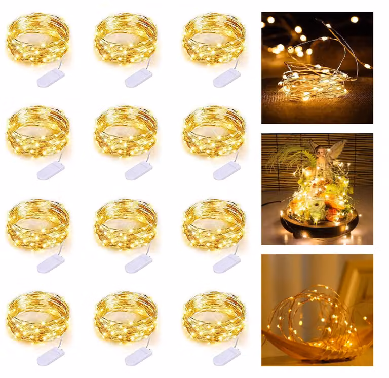 Catena luminosa a LED, confezione da 12, lunghezza 2 metri, 20 LED, luce bianco caldo, impermeabile