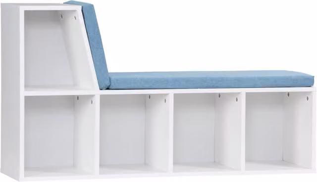 Libreria panca 2 in 1 Xylo con 5 scomparti e porta scarpe, Bianco e Blu, L: 108 cm, P: 30 cm, H: 60 cm
