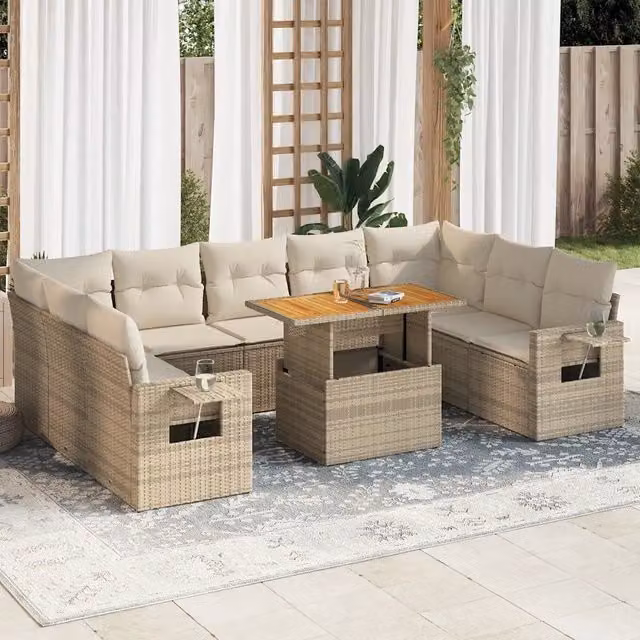 Set Divano da Giardino vidaXL 10 pz in Polyrattan con Cuscini Beige e Legno di Acacia Oliato