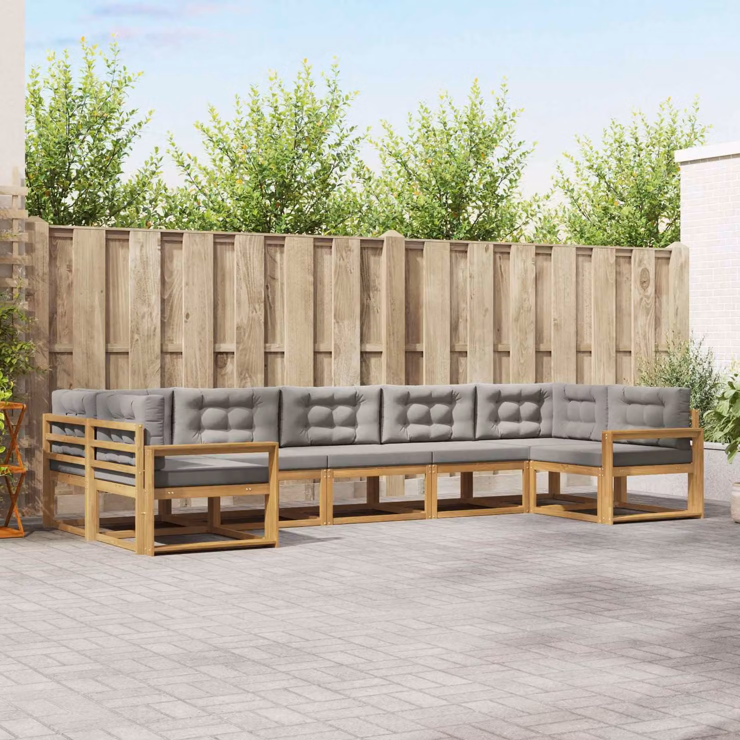 Set di divani da esterno a forma di U vidaXL in legno di acacia con cuscini, 7 pezzi, Bianco e Grigio Chiaro
