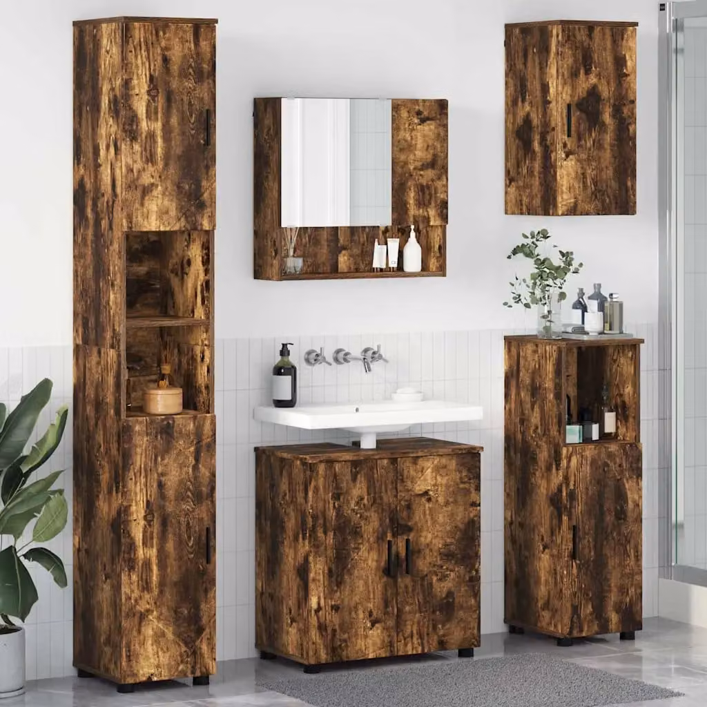 Set di mobili per il bagno moderno vidaXL in legno e metallo marrone, composto da mobile lavabo, armadietto con specchio e colonna, montaggio a parete, L/P/H: 61 x 35 x 64 cm – 1