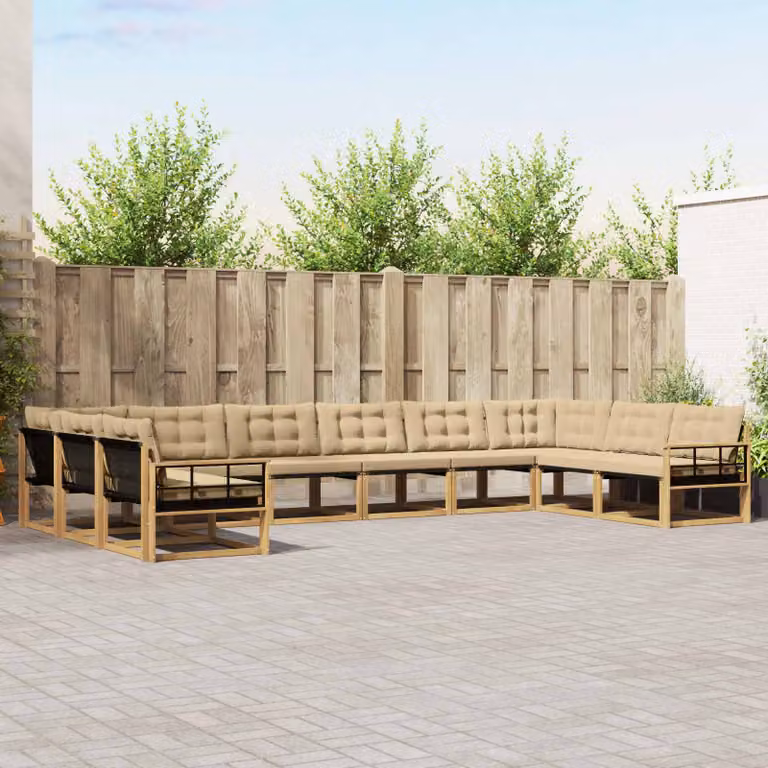 Set di divani da esterno vidaXL a forma di U composto da 10 pezzi in legno di acacia con cuscini bianchi e beige