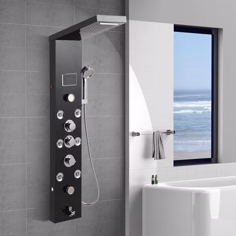 Pannello doccia 6 in 1 in acciaio inossidabile 304 nero, con display LED, doccia a pioggia, cascata e getto massaggio