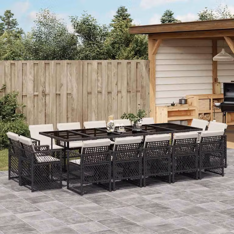 vidaXL Set da Pranzo da Giardino 15 pz in Polyrattan Nero con Cuscini e Tavolo in Vetro