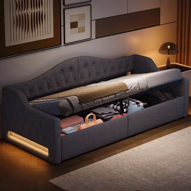 Struttura letto contenitore imbottito con LED ¨C MINIMAL ¨C Grigio, 90x200