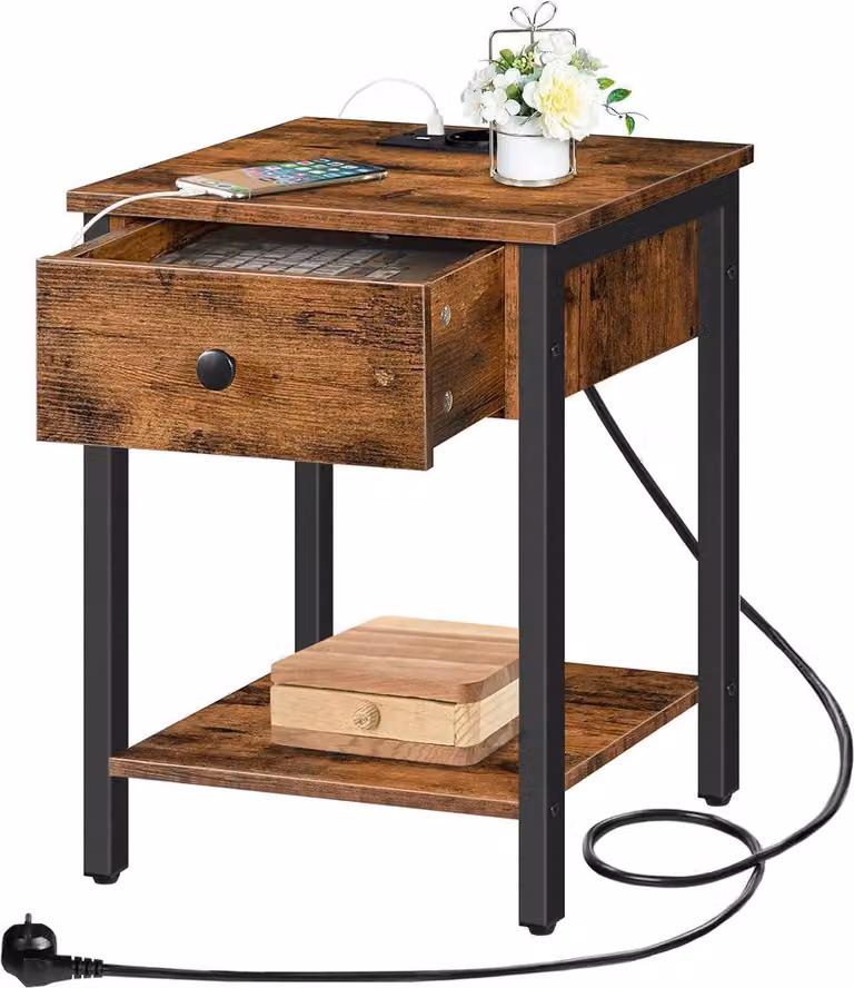 Comodino con stazione di ricarica, porte USB, cassetto, ripiano - Vintage marrone-nero