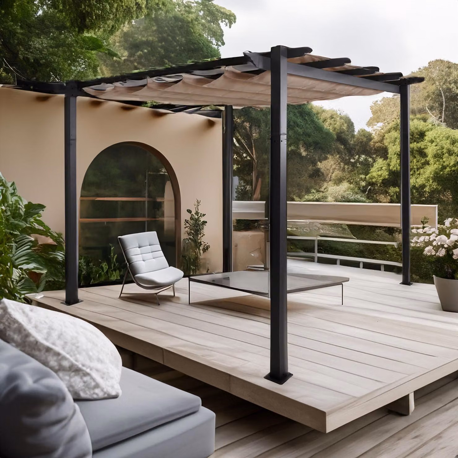 Pergola in alluminio MCW-N93, gazebo da giardino, struttura robusta da 8 cm, tetto scorrevole, protezione UV 50+, 3x3 m ~ beige crema