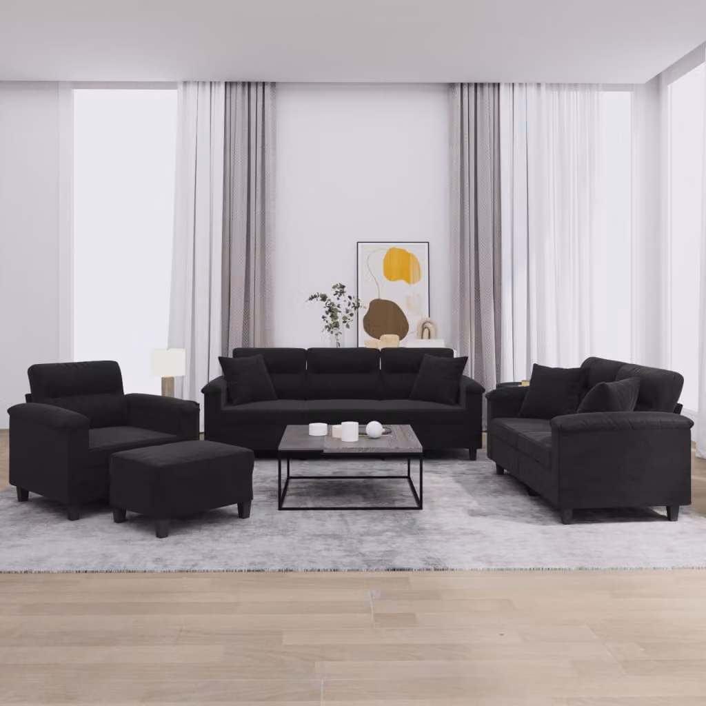 Set di Divani 4 Pezzi vidaXL a Forma di L con Cuscini, Rivestimento in Microfibra Nera e Struttura in Metallo e MDF – 1