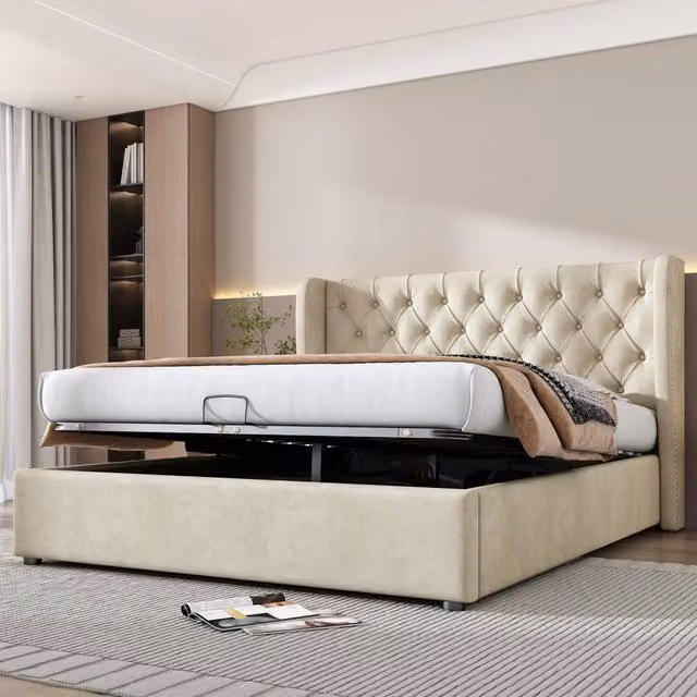 Letto matrimoniale imbottito 160 × 200 cm con vano contenitore idraulico rete a doghe in legno velluto beige