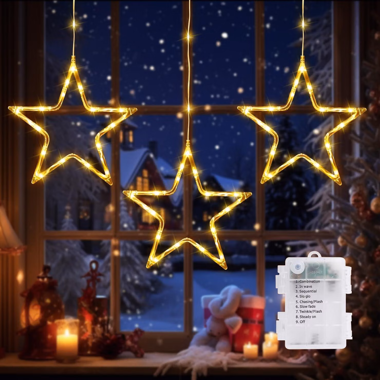 Set di 3 decorazioni a forma di stella per finestre, 23 cm, luci a tenda LED, luce bianca calda, timer, grado di protezione IP65