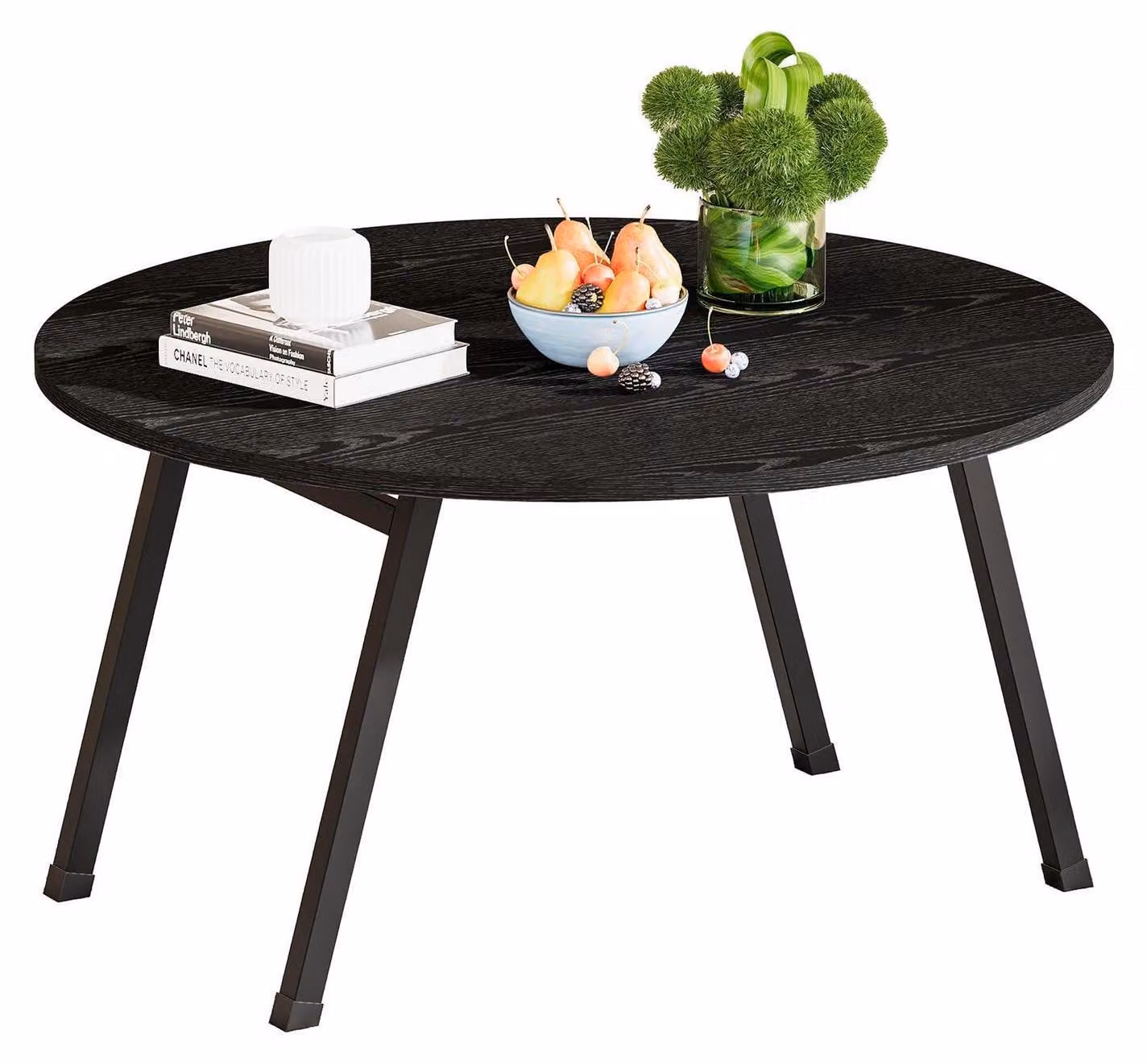 Tavolino da divano rotondo, pieghevole, in legno e metallo, colore nero, diametro 72 cm