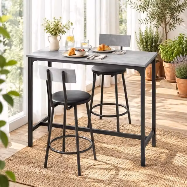 Set Tavolo Bar con 2 Sgabelli Imbottiti Grigio per Cucina e Soggiorno, Struttura in Metallo