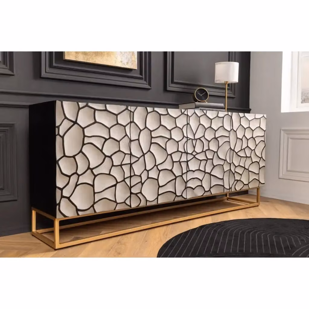 Buffet TERRAKAN Meublorama in legno di mango con decoro astratto nero, bianco e oro – 2