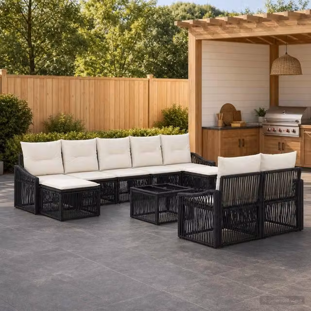 Set Divano da Giardino vidaXL a Forma a U in Polyrattan Nero con Cuscini e Tavolino da 10 Pezzi