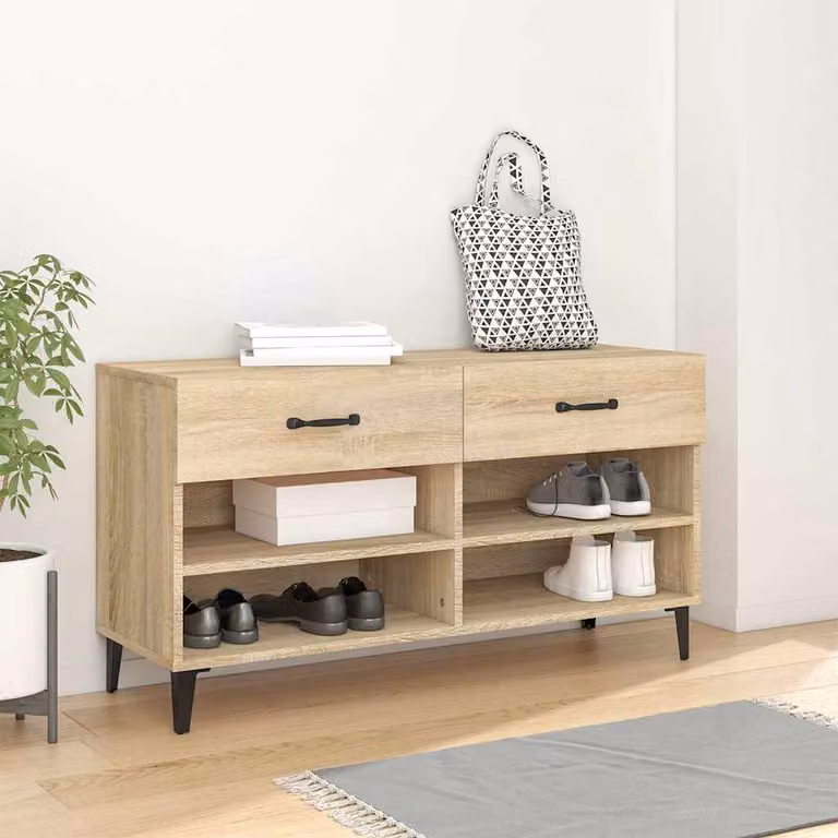 Scarpiera moderna vidaXL in legno color rovere con cassetti e ripiani, da appendere al muro, L 102 x P 35 x H 55 cm