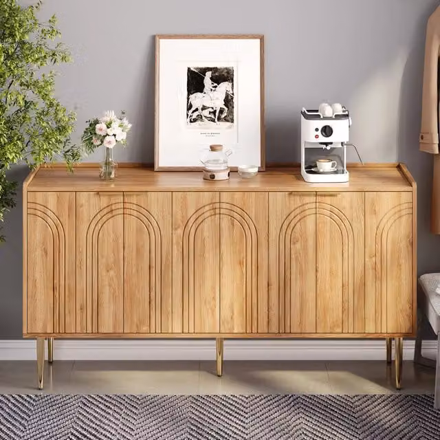 Credenza moderna in MDF colore naturale，mobile buffet soggiorno con 4 ante，140x38x75 cm