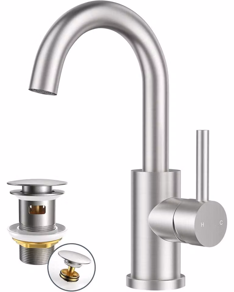 Rubinetto di alta qualità per lavabo, con sistema di scarico integrato, rotazione a 360°, acciaio inossidabile, per acqua calda e fredda, diametro di 175 mm