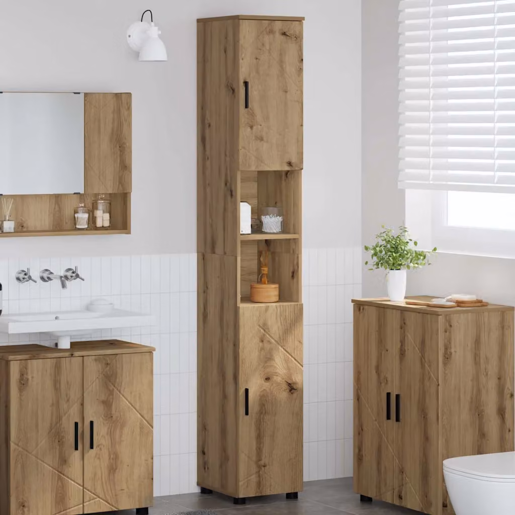 Mobile da bagno moderno vidaXL in rovere e metallo con ante a battente, colore marrone e nero, L: 30 cm, P: 35 cm, H: 192 cm