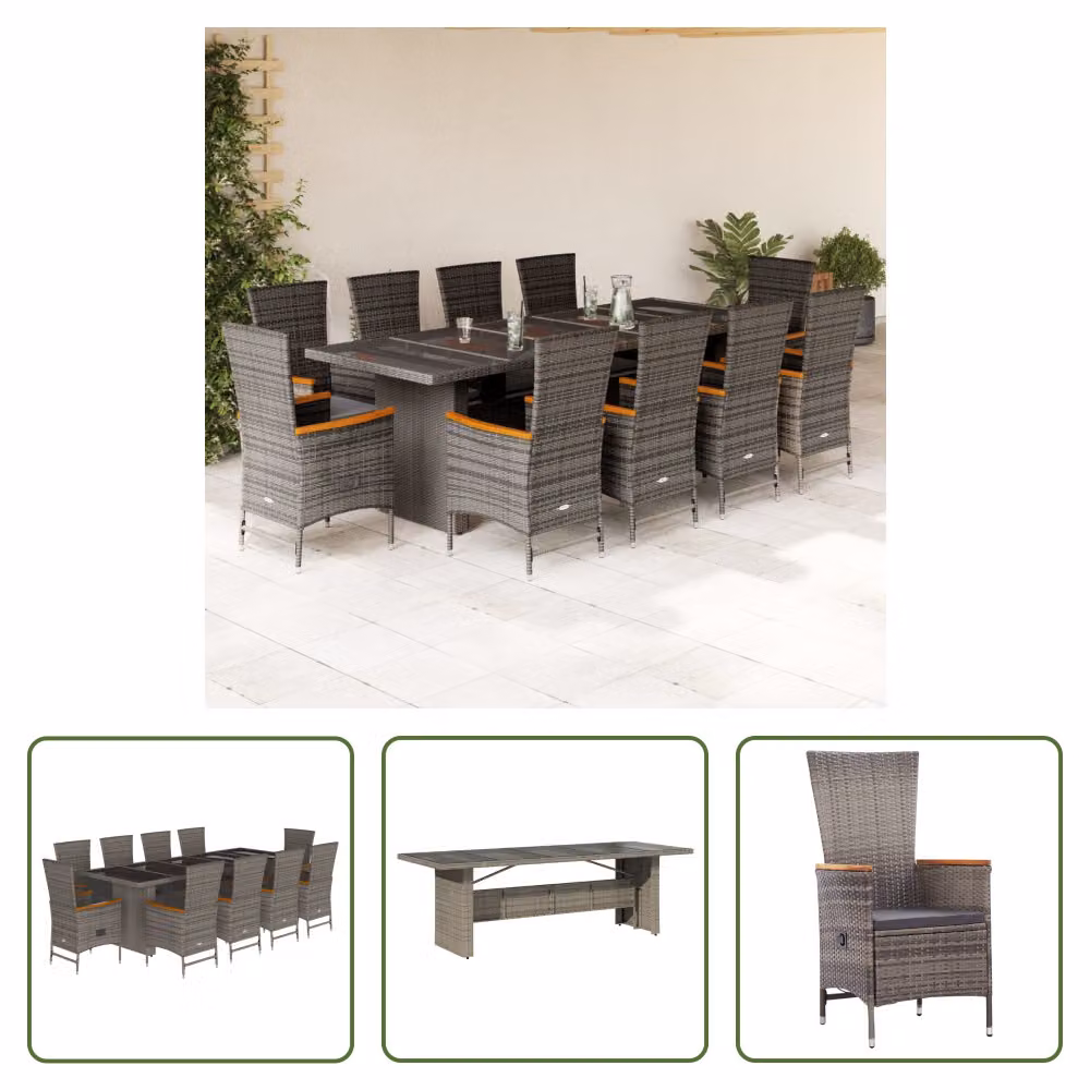 The Living Store Set da pranzo da giardino 11 pezzi con cuscini in poly rattan grigio