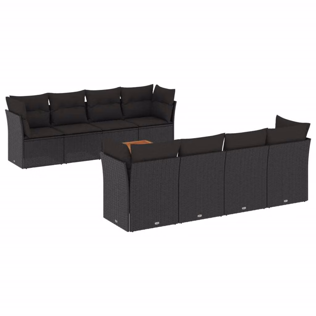 Set Divani da Giardino 9 pz con Cuscini Nero in Polyrattan