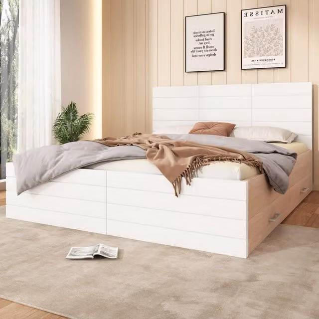 Letto matrimoniale 160 × 200 cm con testiera due cassetti e rete a doghe in legno e MDF bianco rovere chiaro