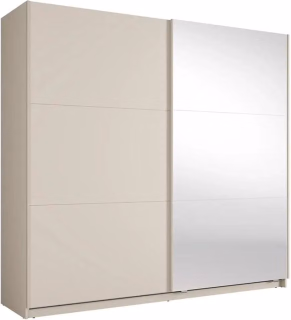 Armadio Venezia Meublorama con ante scorrevoli, illuminazione LED integrata e specchi, finitura opaca bianco e beige, L: 221 cm, H: 207 cm, P: 60 cm – 1