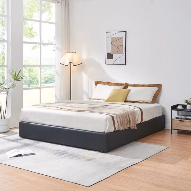 Letto Matrimoniale Contenitore Nola 160x200 cm Apertura a Ribalta Rivestito in Similpelle - Nero [en.casa]