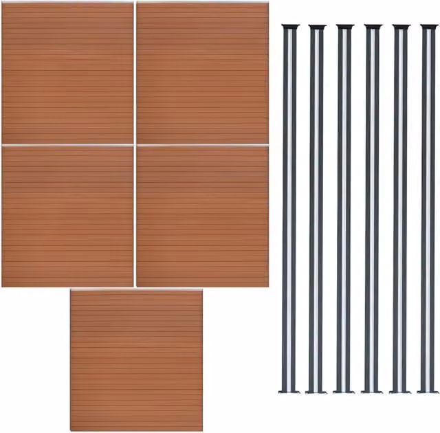 Set di 5 Pannelli per Recinzione in PVC e Alluminio con 6 Pali e LED, Colore Marrone, Altezza: 185 cm – 1
