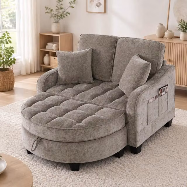 Divano letto 2-in-1 con pouf contenitore; struttura in eucalipto; marrone