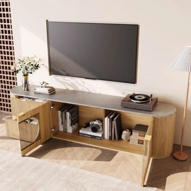 Mobile TV con vetrina ovale in vetro grigio ante 3D e piano effetto marmo MDF naturale 172 × 38 × 45;5 cm
