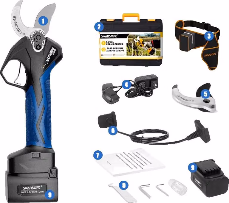 Tagliaverdure elettrico a batteria, motore brushless, doppio sistema a forbice, SW-Pru36 blu, due batterie