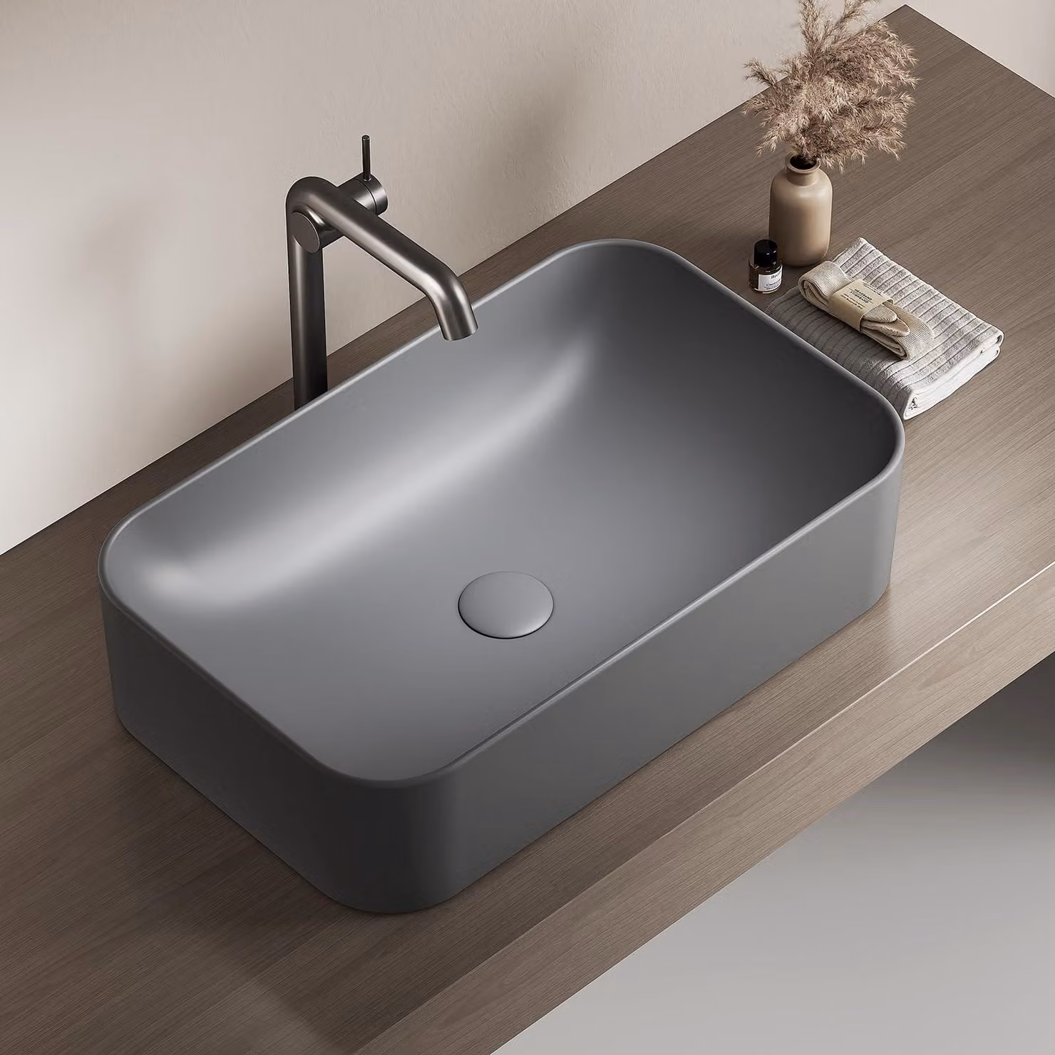 Lavabo da appoggio rettangolare, dimensioni 61x38x15 cm, in Vetroceramica, finitura opaca grigio scuro