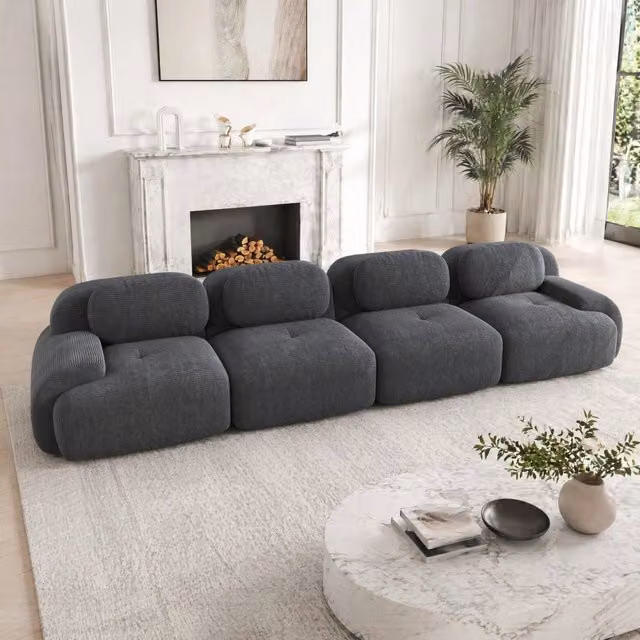 Divano modulare 388x103x70 cm in tessuto corduroy grigio, senza montaggio, per ufficio –