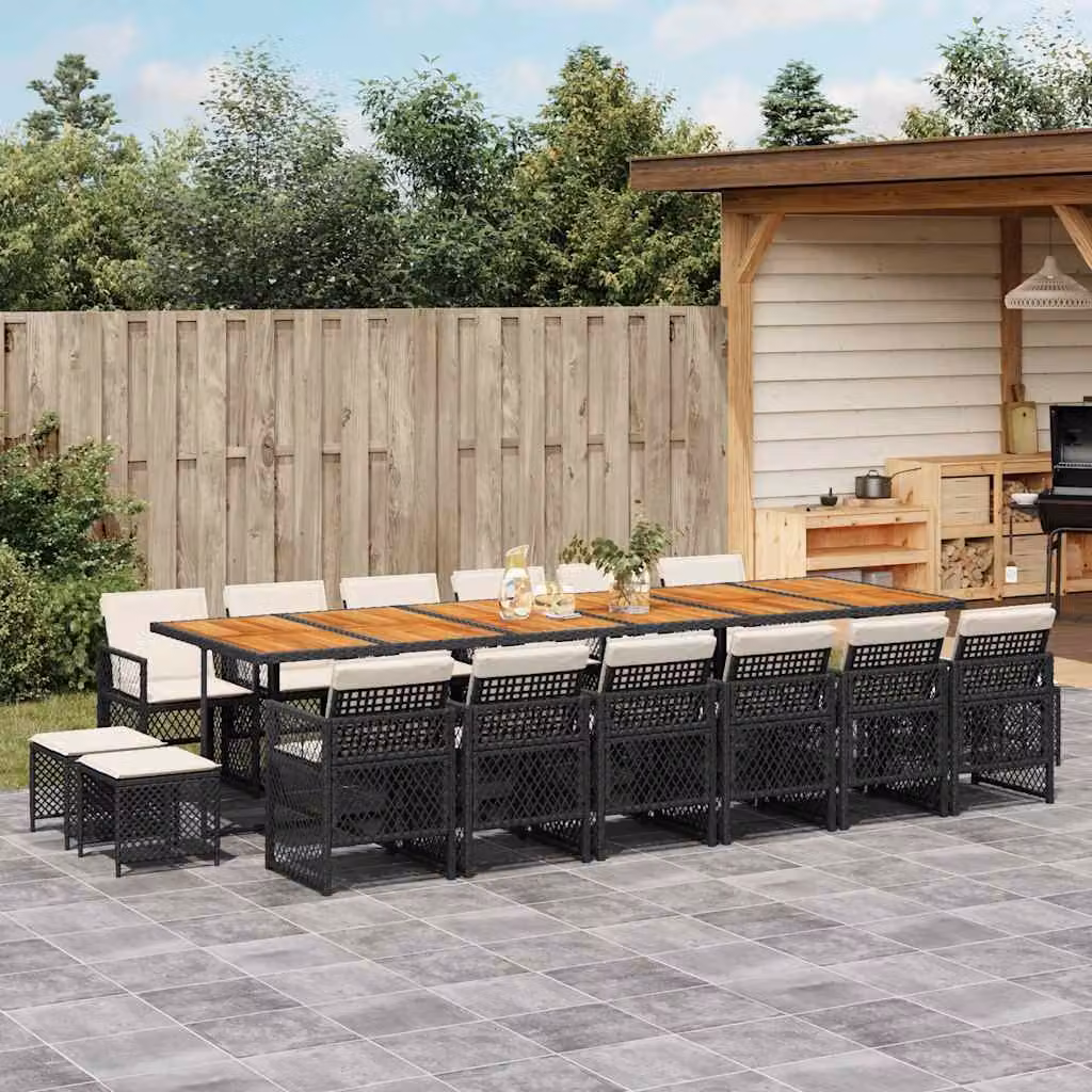 Set da pranzo da giardino vidaXL in polyrattan e legno di acacia con 17 pezzi e cuscini, colore nero e bianco – 1
