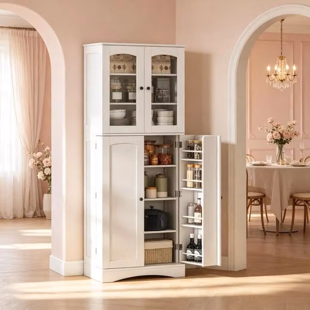 Credenza alta da cucina con ripiani regolabili e vetrina in acrilico, per cucina, bianca, 60 × 40 × 162 cm