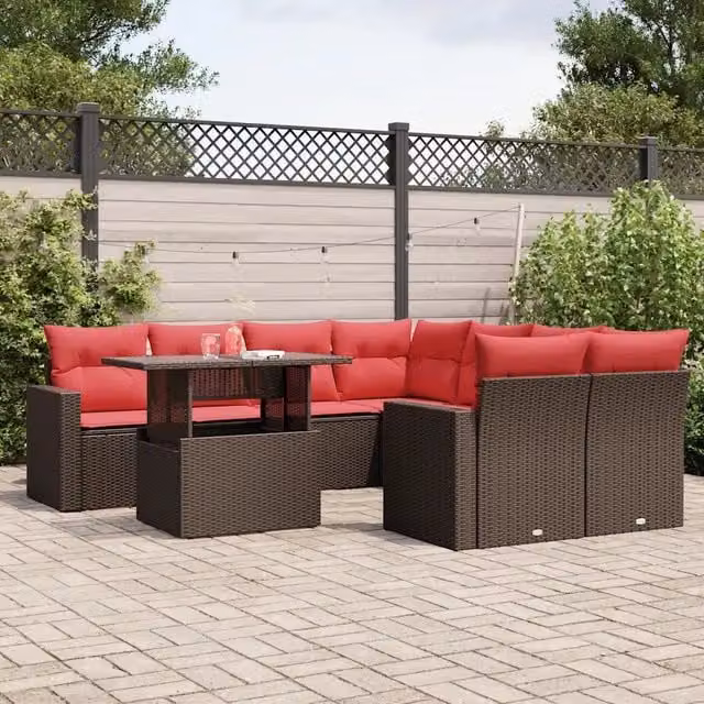 Set Divani da Giardino 9 pz con Cuscini Marrone in Polyrattan 3267174