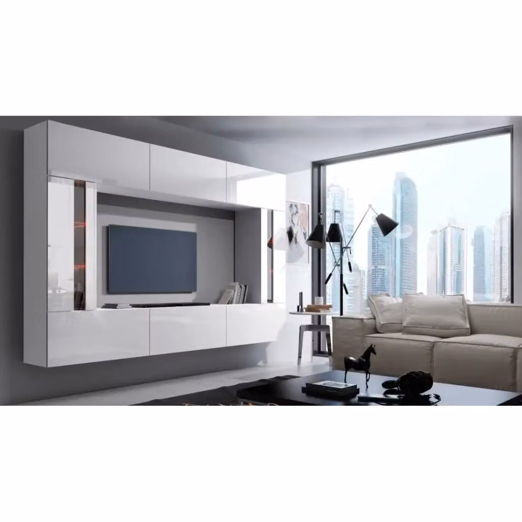 Set di mobili da soggiorno sospesi Meublorama collezione CEPTO XXVIII, bianco lucido, modulare con illuminazione LED integrata, L: 249 cm – 2