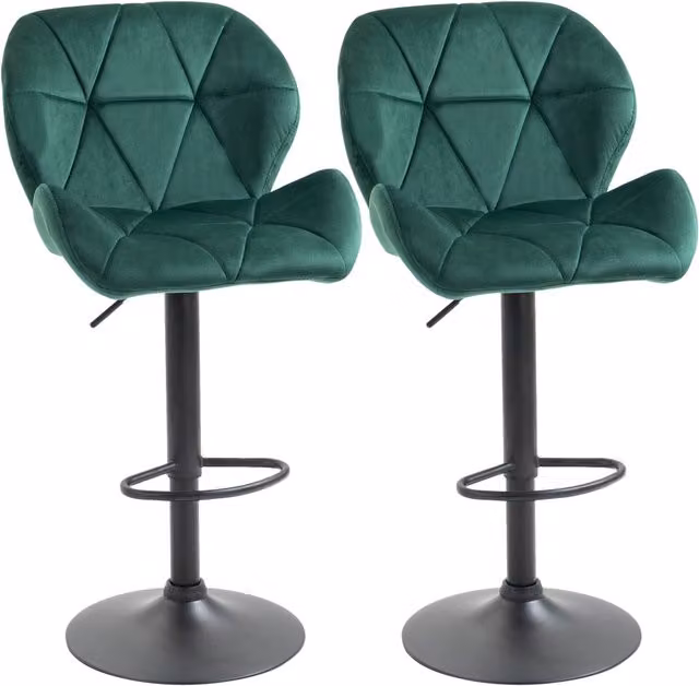 Set di 2 sgabelli da bar moderni con seduta in velluto verde e base in metallo, altezza regolabile con schienale e poggiapiedi, L/P/H: 46 x 48 x 83-104 cm