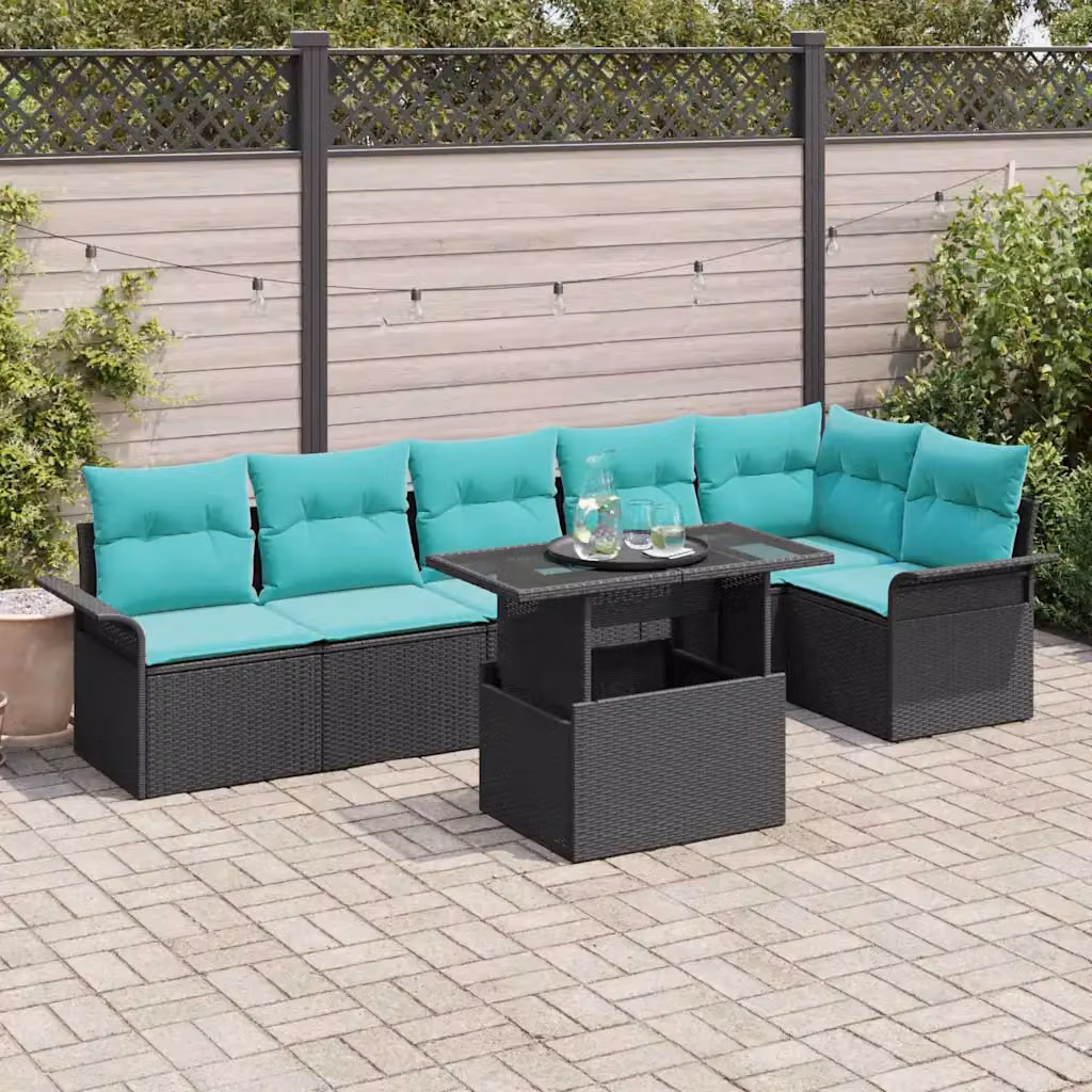 Set Divano da Giardino vidaXL 7 Pezzi Moderno a Forma di L con Tavolino, Pouf e Cuscini, Struttura in Acciaio Verniciato a Polvere e Tessuto Resistente ai Raggi UV, Nero e Turchese