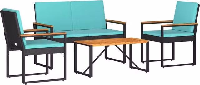 Set Mobili da Esterno 4 pz | Set Salotto da Giardino Nero e Turchese polyrattan